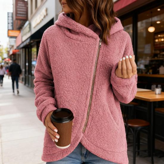 Women's Fleece Jacket Oblique Zip Up Long Sleeve Sherpa Coat Fuzzy Hooded Jacket with Pockets Fall Winter Outerwear