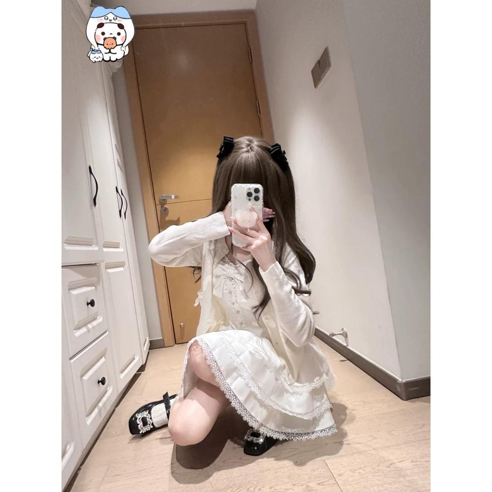 

Сладкий белый лунный свет миу - это платье «тысяча золотых ветров» + кардиган, шикарное и красивое платье принцессы, короткая юбка-торт XL- (recommended 110-60kg)