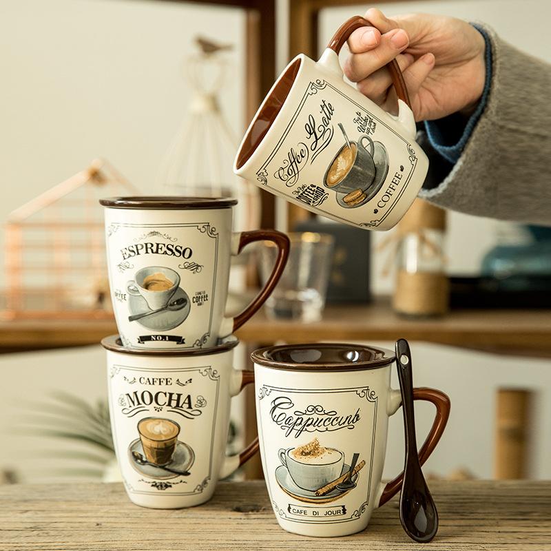 European Luxury Coffee Cup Cappuccino Latte Cup Retro Ceramic Spoon With Lid