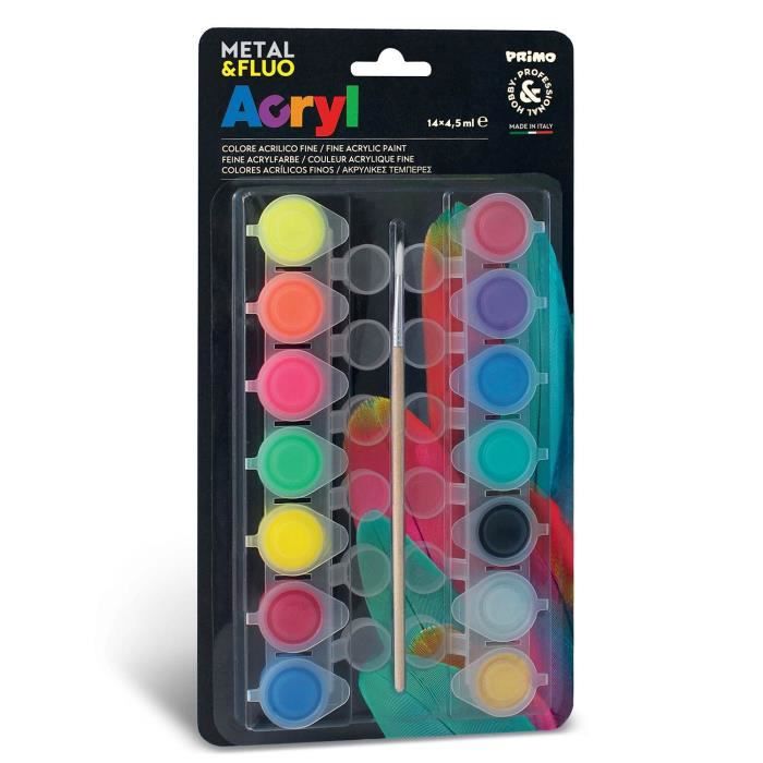 Peinture acrylique - Morocolor - 14 pots - Fluo, Métallique, Classique - 4,5 ml - Brillant