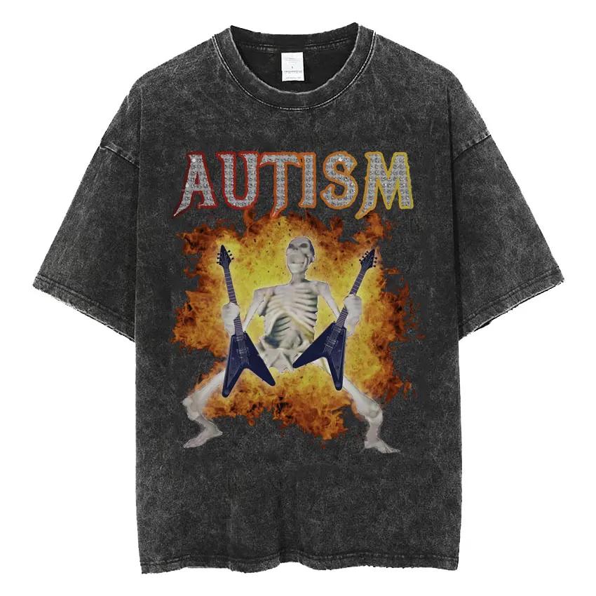 Tricou Meme Schelet Autism Amuzant Craniu Umor Mânecă Scurtă Tricouri Bărbați Femei Vintage Spălat Supradimensionat Bumbac Tricou