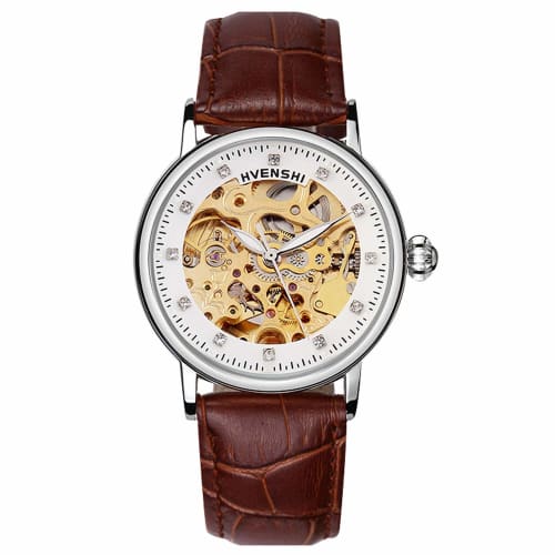 

RORIOS watch, a popular women s watch with a stylish leather mechanical automatic movement, luminous clover skeleton design, and hollow business watch