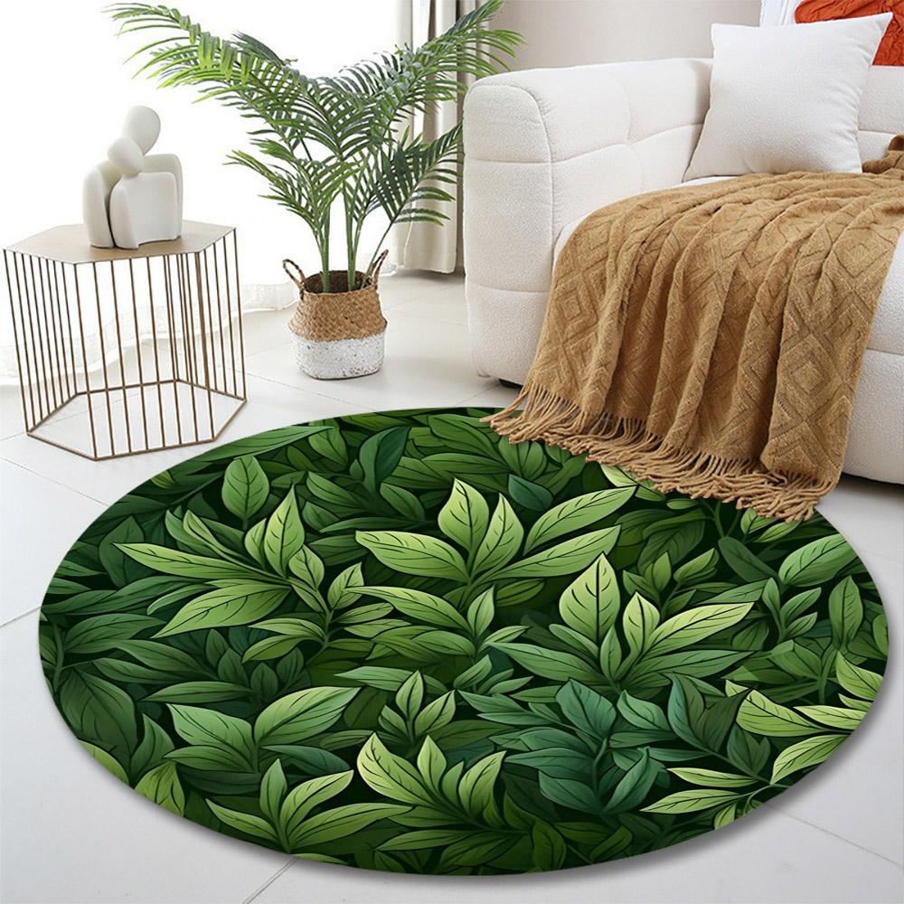 Lush Green Leaf Pattern Design Print round rug, living room, bedroom, playroom carpet, non slip floor mat, gift