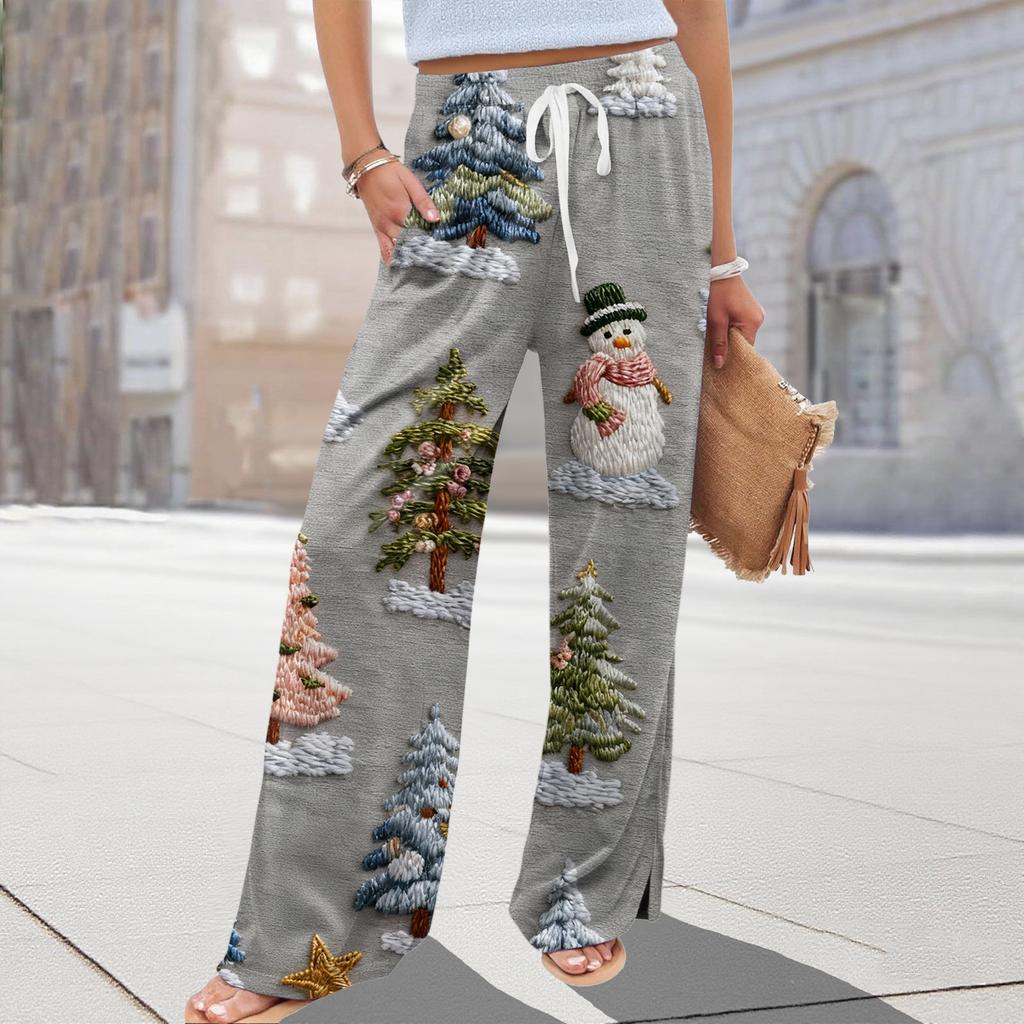 Ladies' Loose And Casual Christmas Printed Wide Leg Pants With Elastic Waistband Drawstring And Pocket Pants
