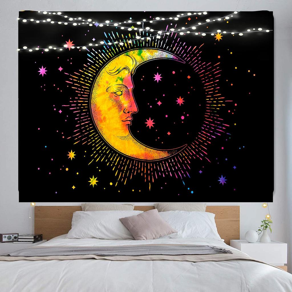 Celestial Moon Tapestry, Black Background with White Crescent Moon Face & Stars Print, Wall Hanging for Boho Bedroom Decor