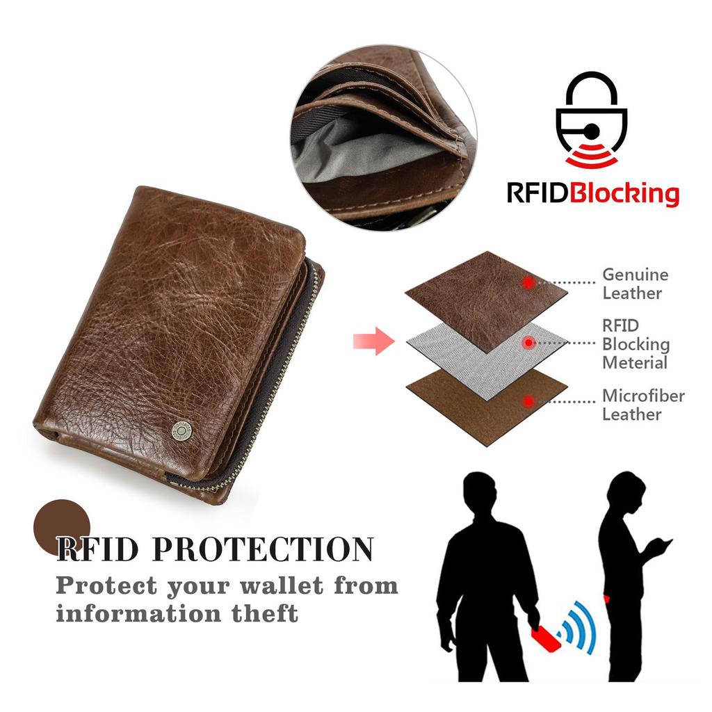 Men Genuine Leather Bifold Short Wallet RFID Blocking Zipper Coin Pocket