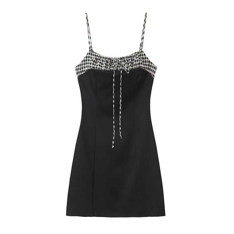 

Reforma French Pure Desire Sexy Contrast Color Slim Fit Patchwork Slim Looking Bows Shoelace Slim Looking Sling Dress Plaid Patchwork S