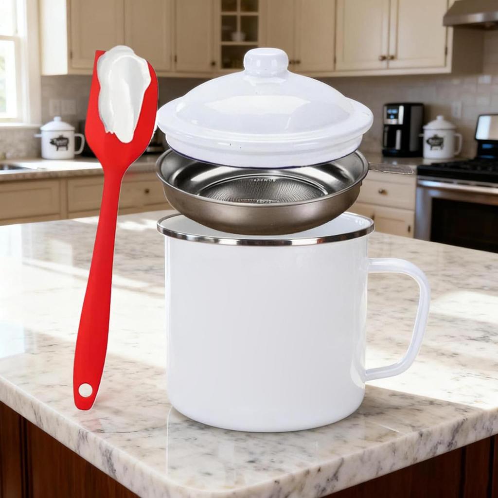 Oil Container | 1200ml Grease Storage Jar - Cooking Grease Container With Strainer And Scraper - Suitable For Kitchen Cooking And Baking
