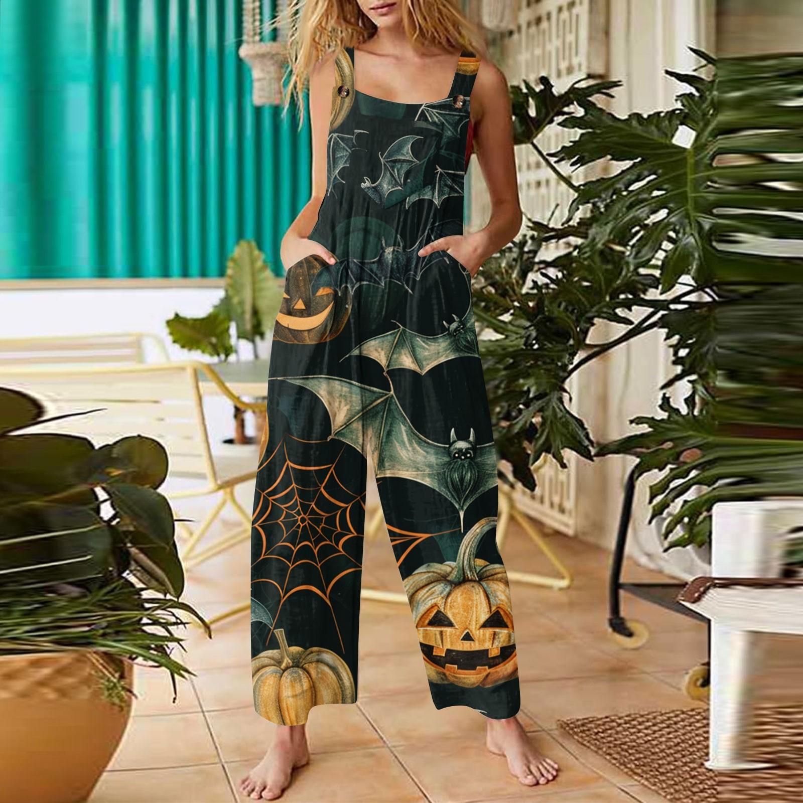 

Женские повседневные комбинезоны с регулируемыми лямками, без рукавов, милые принты на Хэллоуин, удобные комбинезоны с карманом S