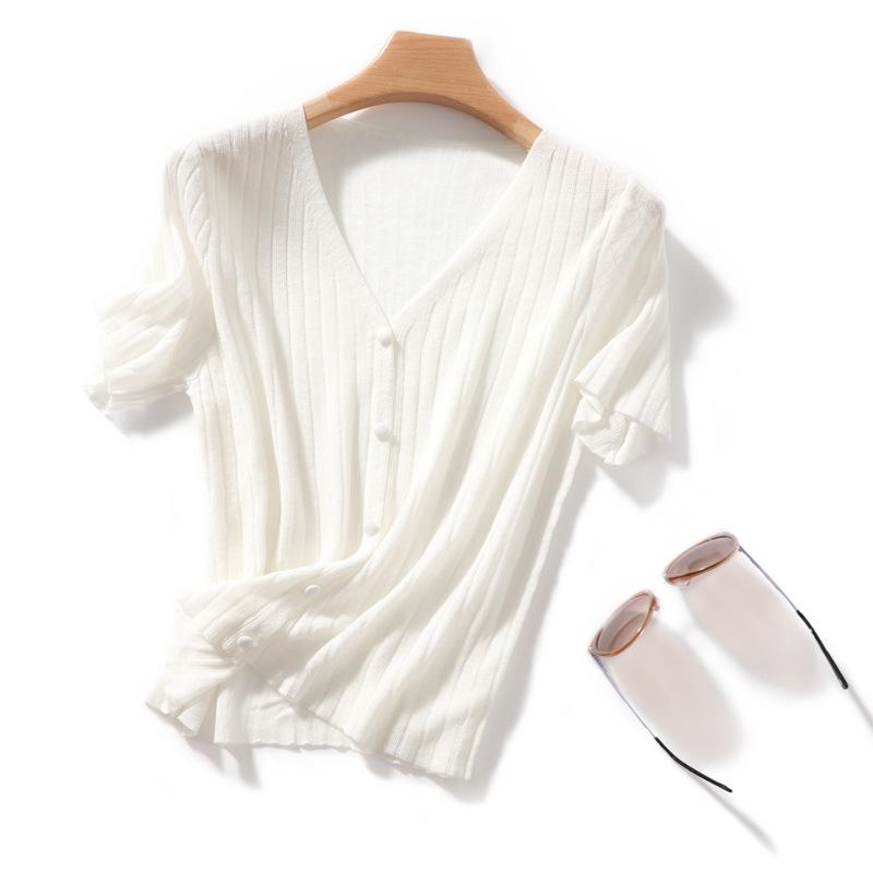 

Summer Thin Ice Silk Linen Short-sleeved T-shirt for Women V-neck Relaxed Fit Knitted Cardigan Korean Style Stylishable Versatile Practical Use M
