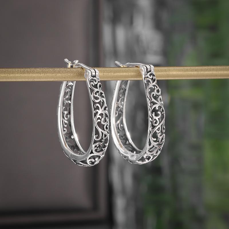 Silver-Plated Hand-Carved Pattern Circle Dangle Earrings for Women Retro Exaggerated Hypoallergenic Earrings Fashion Jewelry