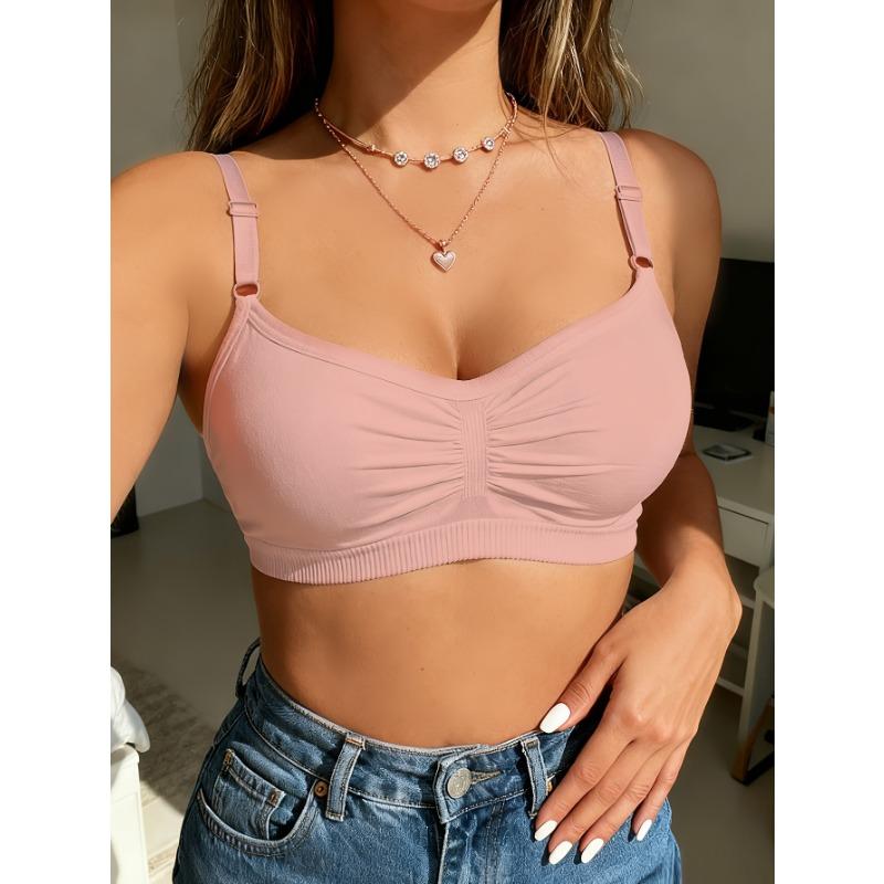 Женский бесшовный бюстгальтер-бралетт с драпировкой, беспроводной пуш-ап бралетт с регулируемыми бретелями, удобный рубчатый бюстгальтер для повседневной носки S розовый