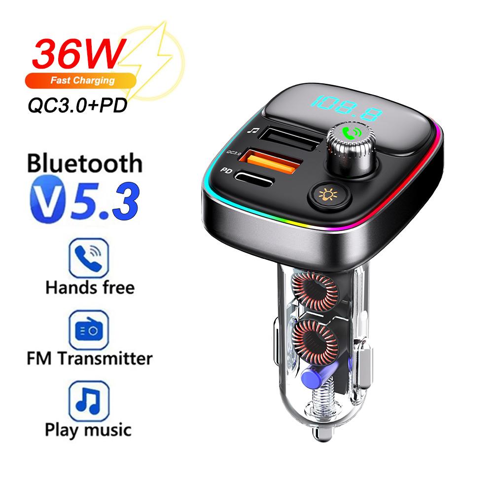 Bluetooth 5.3 FM Transmitter Car Charger Car Radio Modulator MP3 Player with 36W PD QC3.0  Quick Charge Adapter Colorful Lights