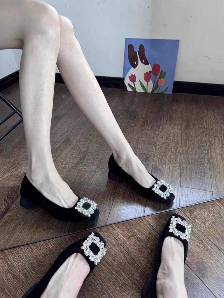 Black square head high heels women's thick heel 2025 new rhinestone versatile French temperament Mary Jane square diamond single shoes women
