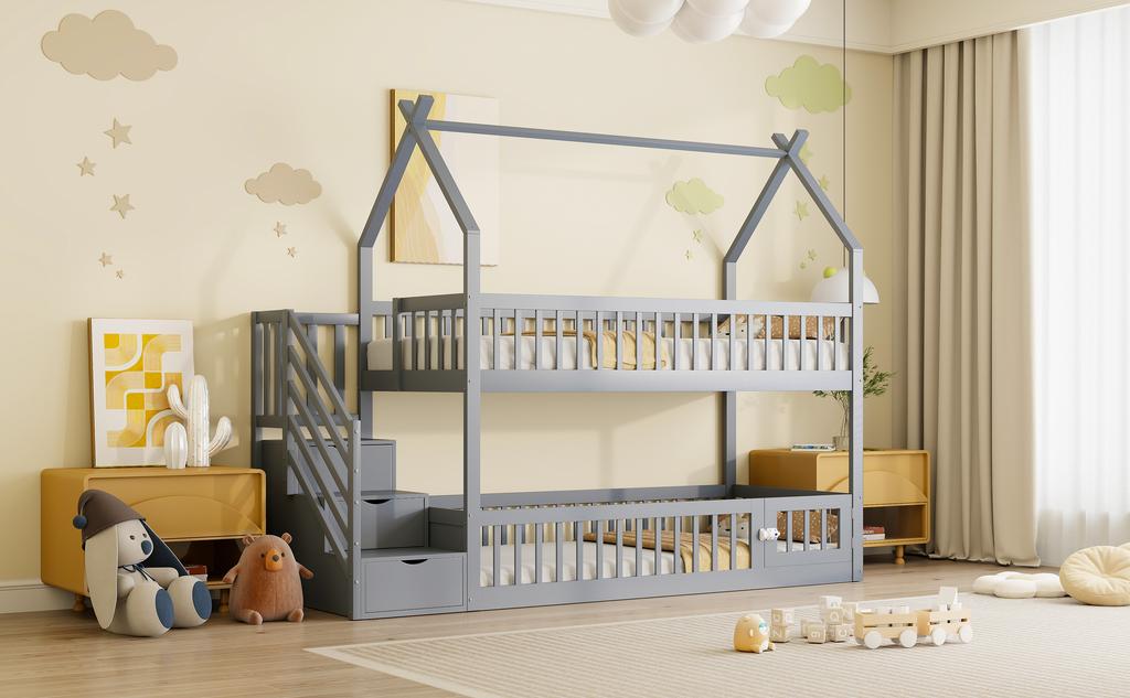 90x200 Children's Bunk Bed Solid Wood Bed with Roof, Safety Stairs and Storage Drawers, Storage Children's Bed Single Bed Gray
