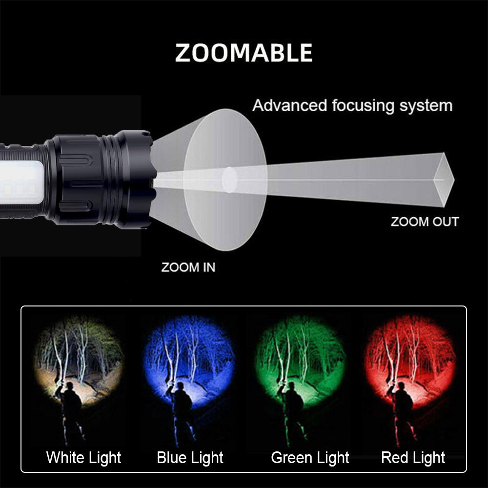 Most Powerful 4in1 LED Flashlight Zoom Green/Red/Blue/White Light Torch USB Rechargeable Tactical Lantern Shot Hand Lamp For Cam