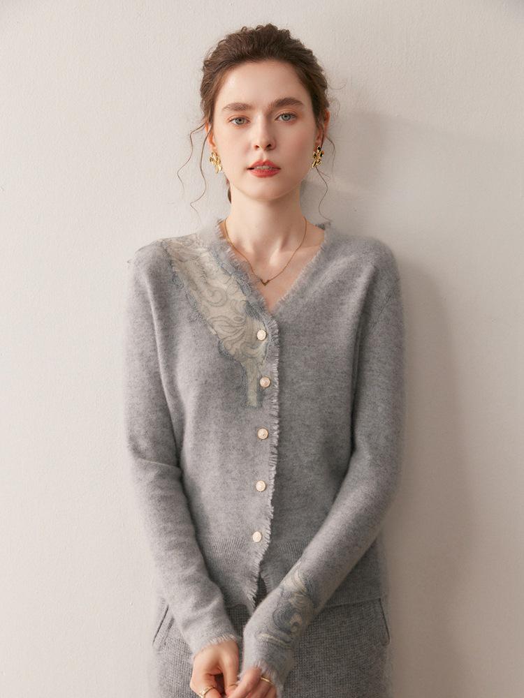 2025 A/W Women's V-neck Lace Cashmere Cardigan Sweater - Solid Color, Loose Fit