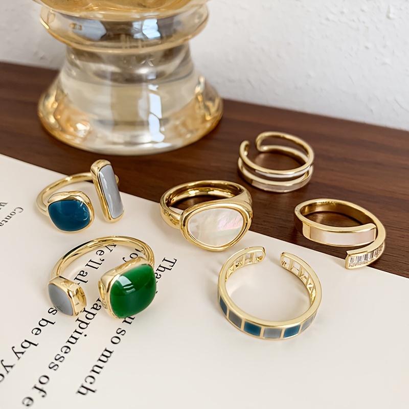 Vintage Boho Style Rings Set – 6 Pieces Colorful Geometric Adjustable Open Rings with Zirconia Inlay, Zinc Alloy Fashion Rings for Women – Perfect for