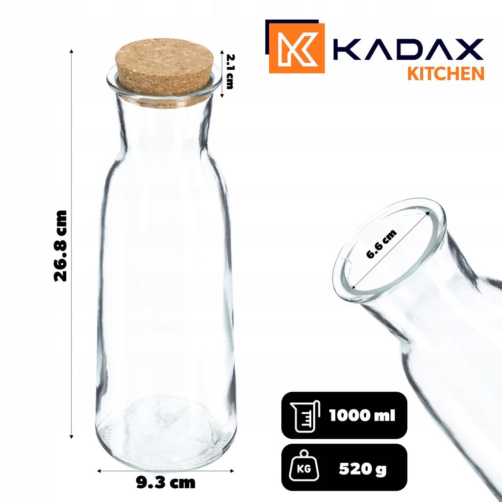 KADAX Glass Carafe Pitcher For Water 1000ml 1 Liter Water Wine Beverages Cork