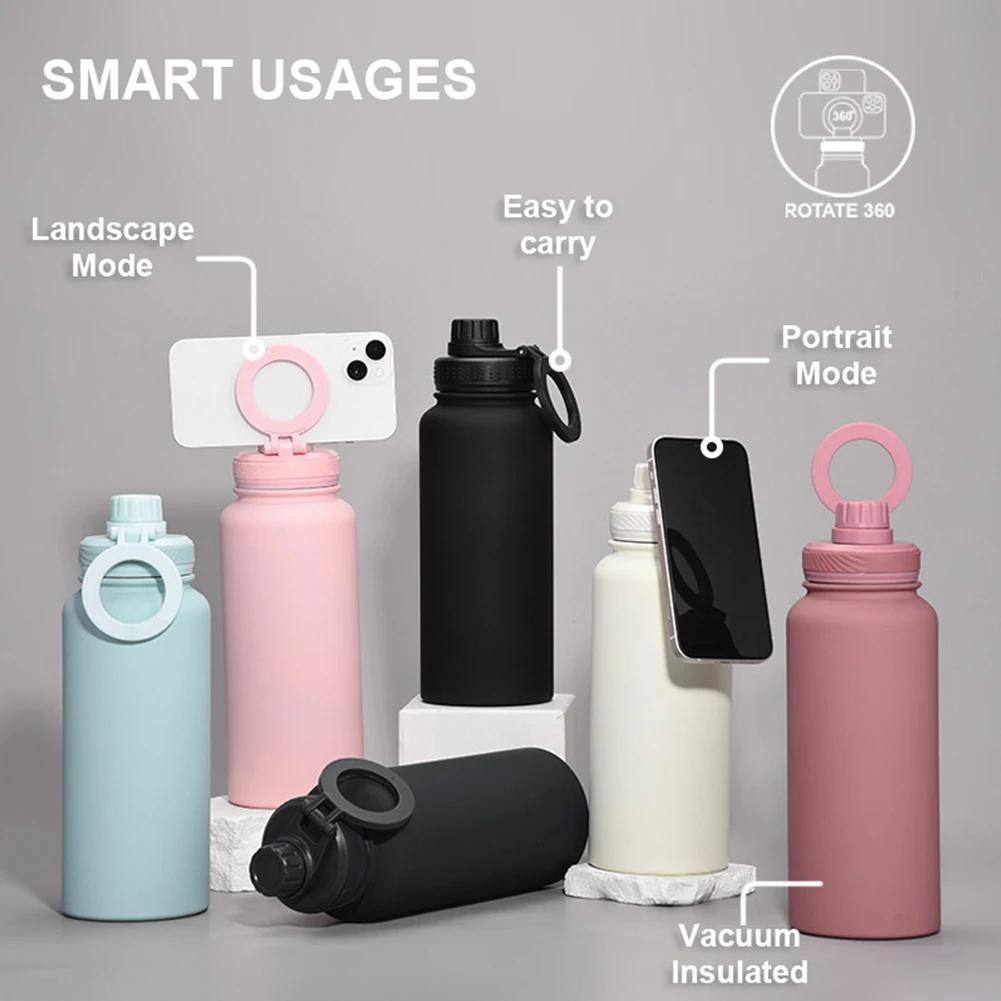 Sports Water Bottle Lid with Cellphone Magnetic Stand 1000ML Insulated Stainless Steel Sports Water Bottle Thermal Water Cup Lid