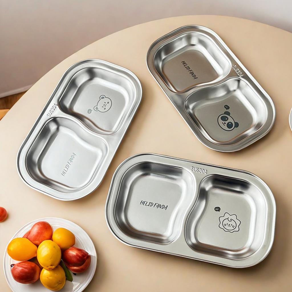 Snack Dessert Plate 304 Stainless Steel Dinner Plate Kid Divided Dinnerware 2 Compartment Sauce Plate Kitchen Tableware