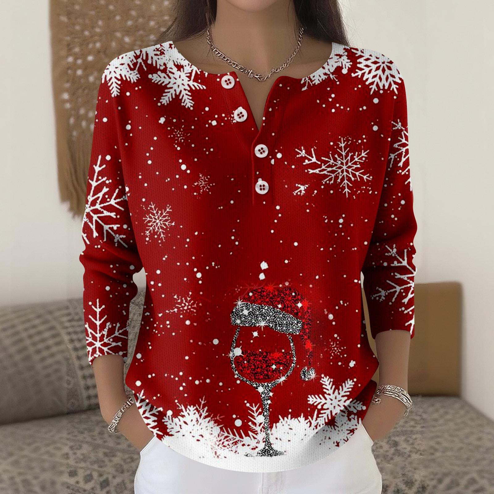 

Женская мода Топ с длинным рукавом и рождественским принтом в виде снежинок Элегантный повседневный топ L