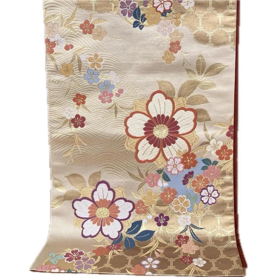 Used SALE [Good Condition] Fukuro Obi 430cm Gold Nishiki Gold Cherry Blossom Flower Pattern Gorgeous Goat Pure Silk