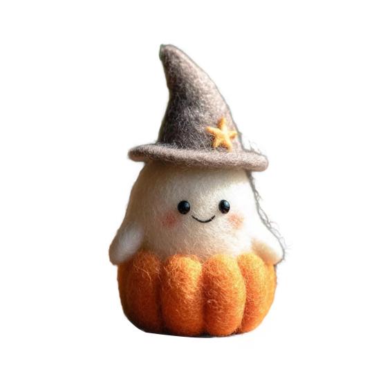 Handmade Felt Halloween Ghost Pumpkin with Wizard Hat Wool Felted Ghost Ornament for Halloween Home Shelf Desk Decor