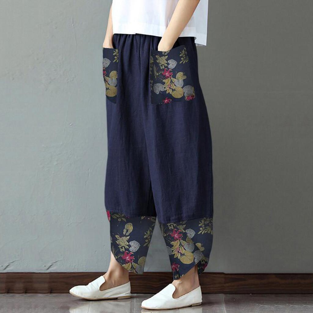 Women Casual Cotton Linen Print Patchwork  Irregular Loose Wide Leg Pants