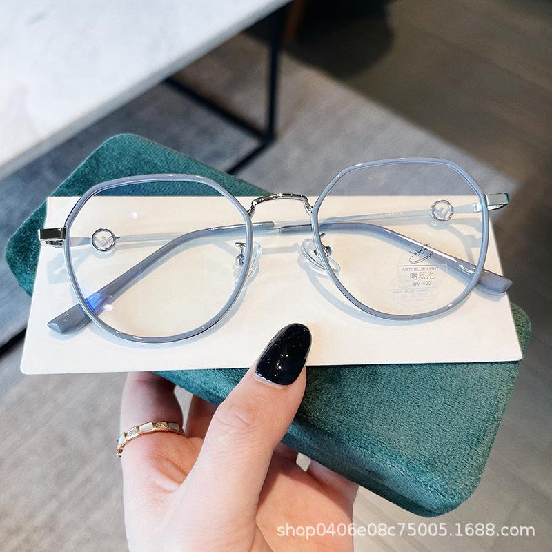 Metal Letter Flat Light Glasses Anti-Blue Light Fashion Trendy Plain Face Thin Milk Tea Color Myopia Glasses Frame Live Broadcast