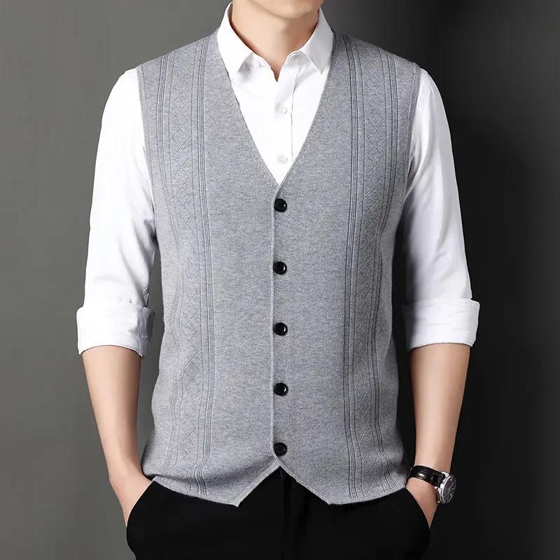 Men V‑Neck Knitted Vest Sleeveless Single Breasted Jacquard Waistcoat Casual Knit Sweater Gilet Male Daily Business Vest