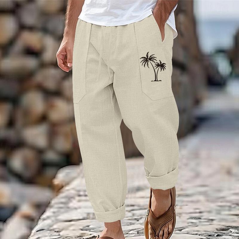 New fashion casual beach trousers men's coconut tree print cotton and linen loose trousers