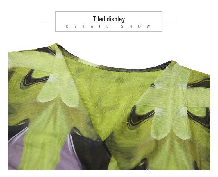 European 2025 Autumn/Winter V-Neck Ruched Mesh Print Slimming Long Sleeve Shirt