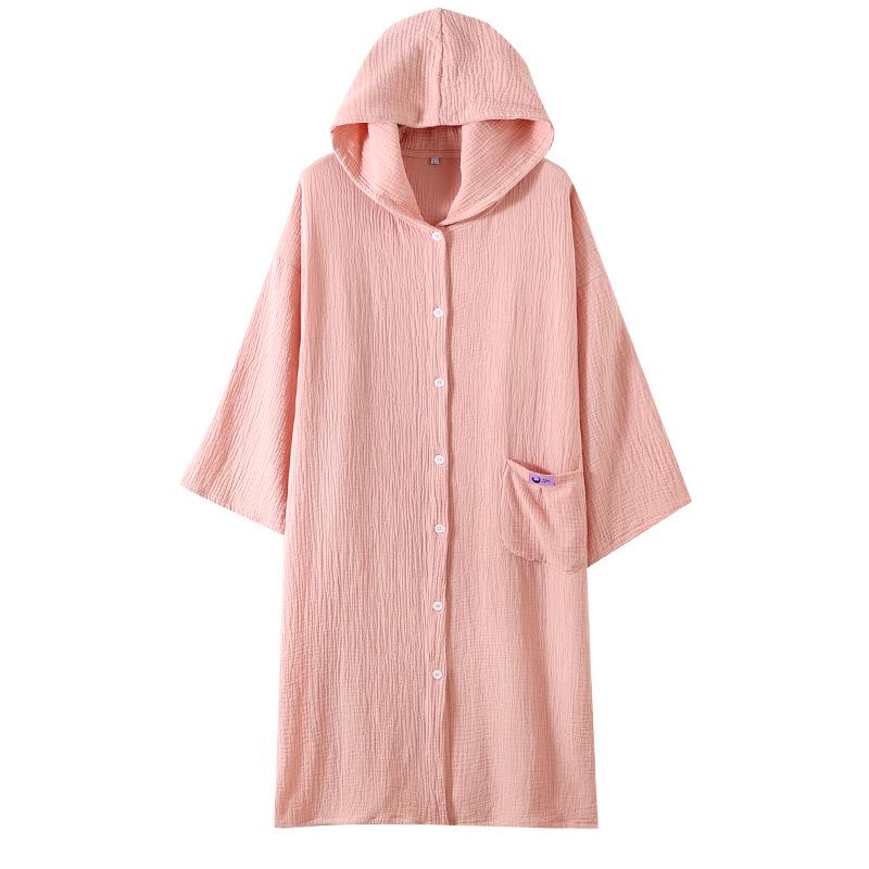Double-Layer Gauze Cotton Hooded Cardigan Robe Pajamas