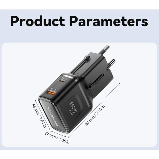 Essager 35W GaN International Travel Adapter Dual Port Charger for Xiaomi Samsung iPhone16 15 Pro Max For US/CN EU UK AUS Travel