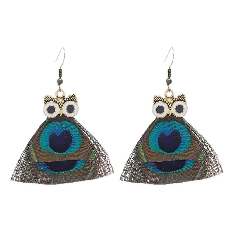 Vintage Cartoon Owl Peacock Feather Long Tassel Earrings Bohemian Ethnic Vacation Jewelry For Women