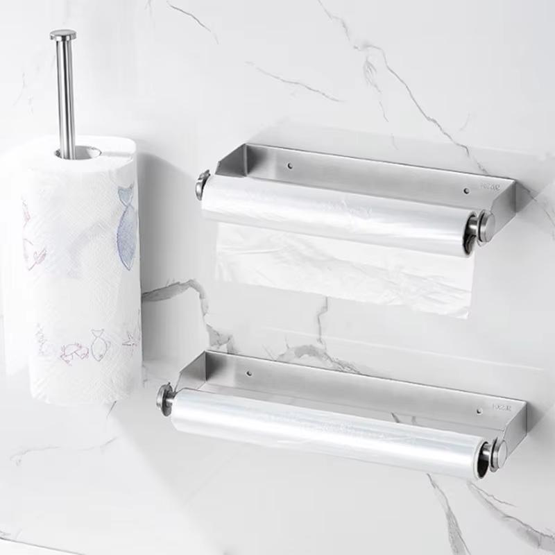 Stainless Steel No Punch Wall Mount Cling Film Shelf Roll Paper Storage Rack Kitchen Paper Towel Holder