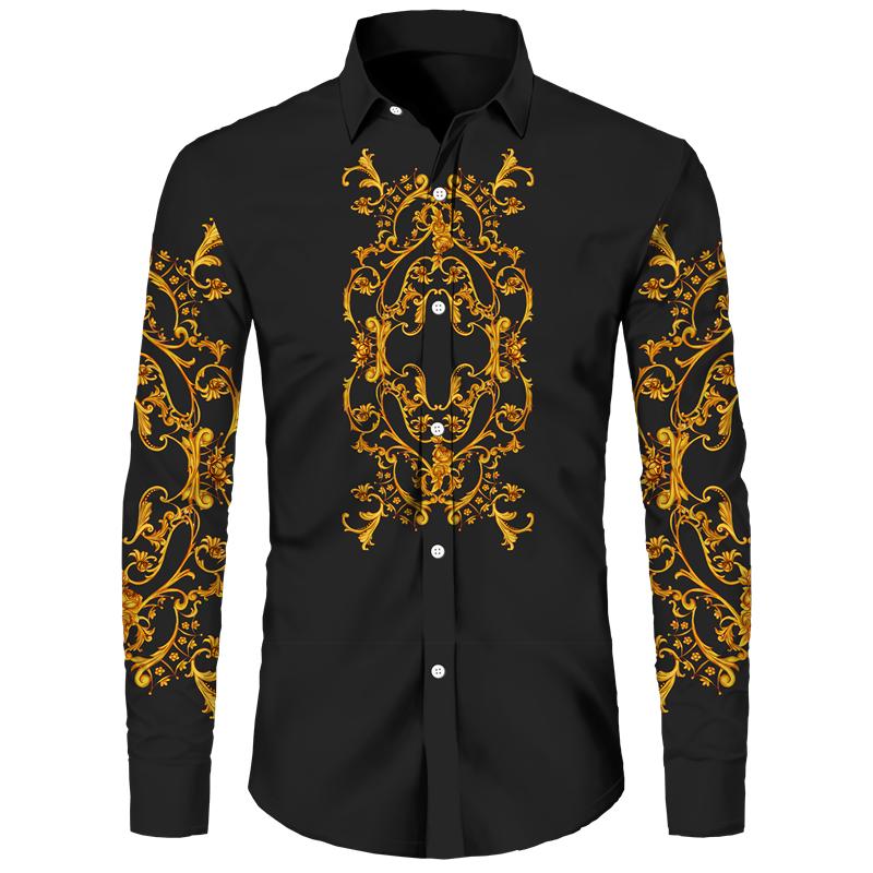 

Golden Flower Pattern Print Men s Shirts Casual Single-Breasted Cardigan Long Sleeve Shirt Fashion Trend Tops Men Clothing 5XL