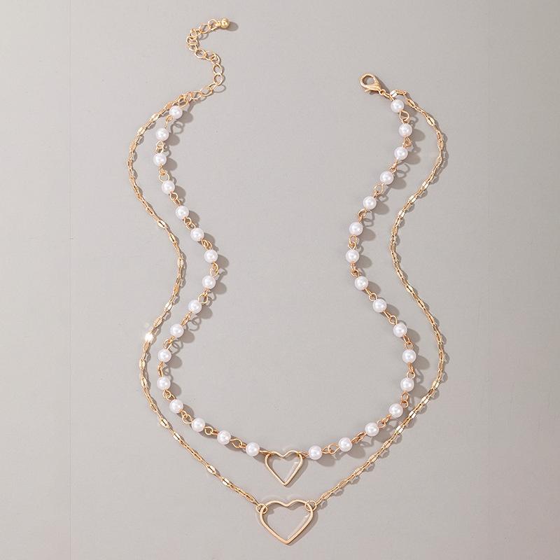 New Double Necklace Female Imitation Pearl Crystal Heart Pendant Gift Bohemia Style Accessories for Women