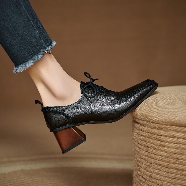 Fashion NEW Spring/Autumn Women Pumps Square Toe Chunky Heel Shoes Concise Genuine Leather Shoes for Women Lace-up Handmade Women Shoes
