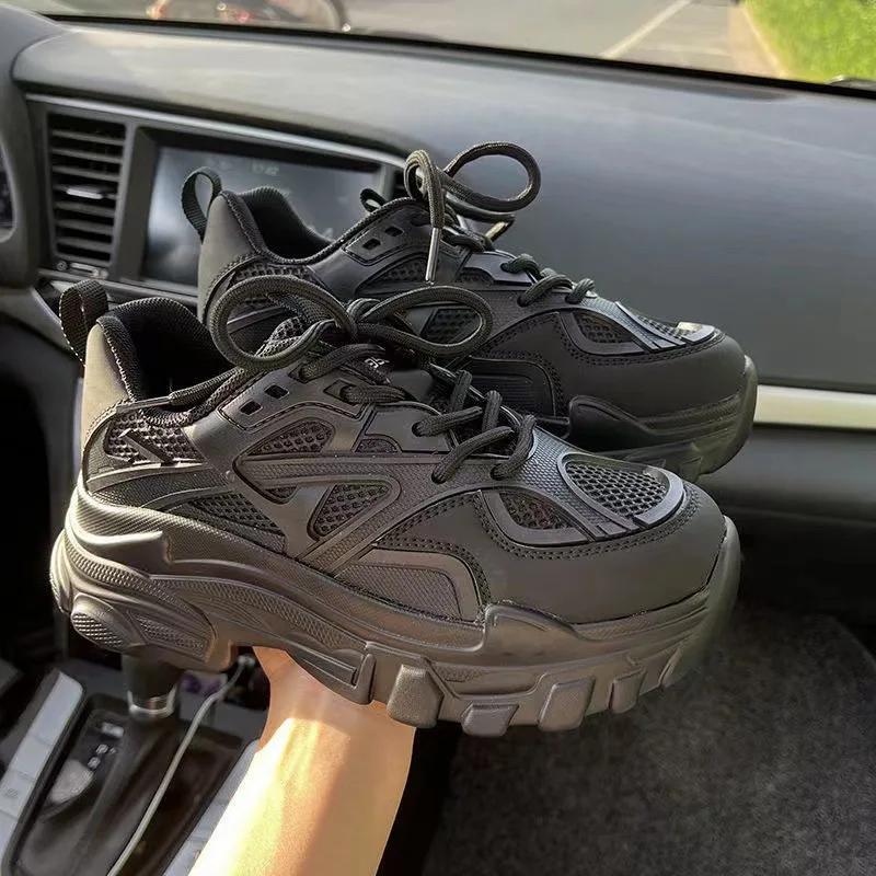 Fashion Chunky Sneakers Women Genuine Leather Mesh Breathable Patchwork Round Toe Lace-Up Thick Sole Ladies Handmade Shoes