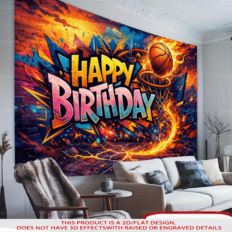 1pc 2D Flat Basketball Theme Birthday Party Backdrop Banner Graffiti Decorative Banner For Garden Patio Indoor Outdoor Celebration Scene