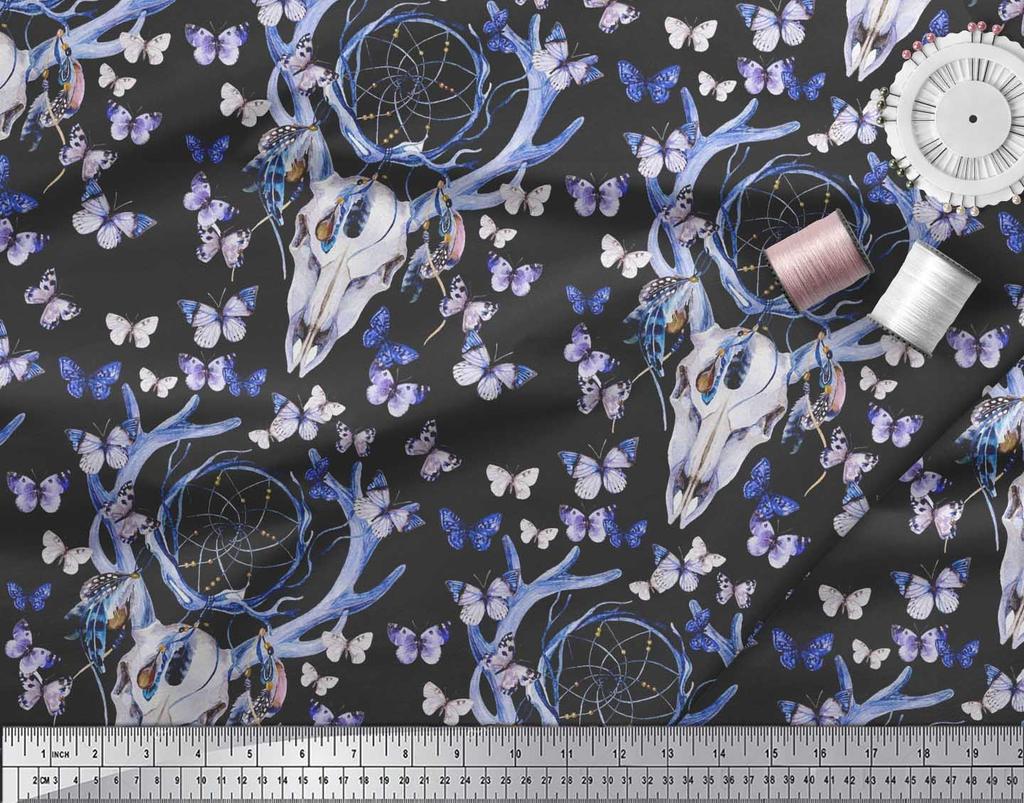Soimoi Green Japan Crepe Satin Fabric Insect|Dream Catcher & Reindeer Face Animal Fabric Prints by Yard 42 Inch