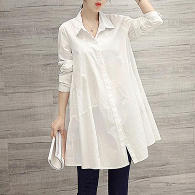 Women's Long White Shirt Spring/Autumn New Korean Large Loose Long Sleeve Shirt