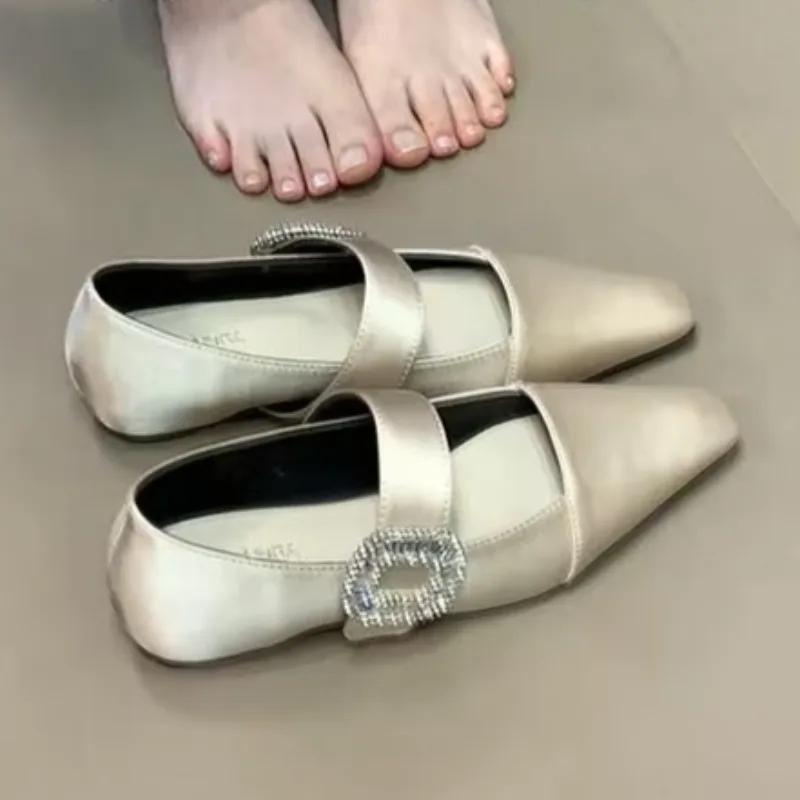 Temperament Satin Single Shoes Spring New Square Head Shallow Mouth Fashion Rhinestone Soft Sole Women's Shoes
