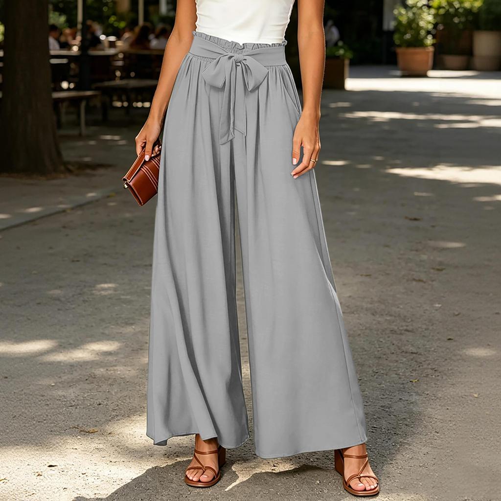 Women's High Waist Wide Leg Pants Bohemian Style Palazzo Trousers with Tie Waist and Pockets Casual Loose Fit Long Pants