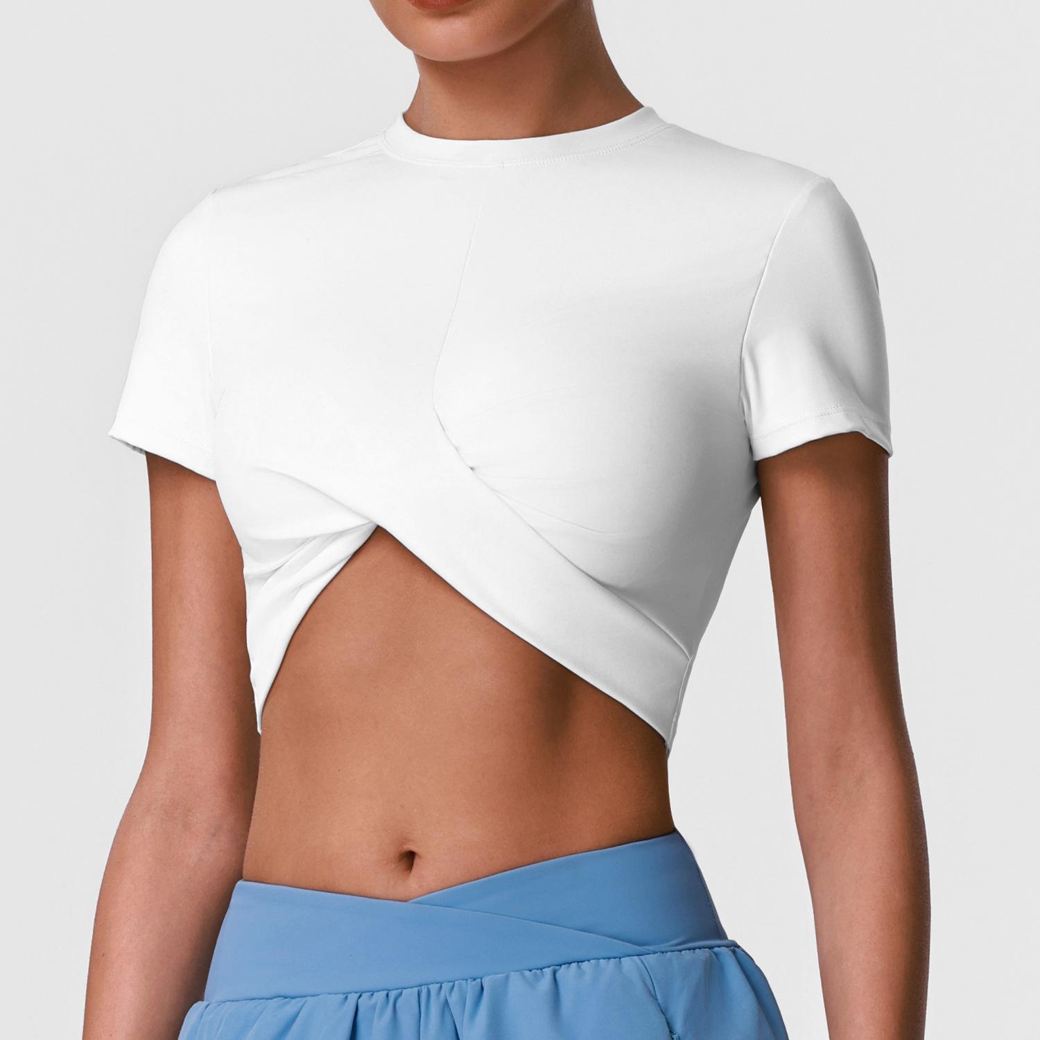 Women s Round Neck Short Sleeve Crop Top with Twist Front Quick Dry Workout Yoga T Shirt S