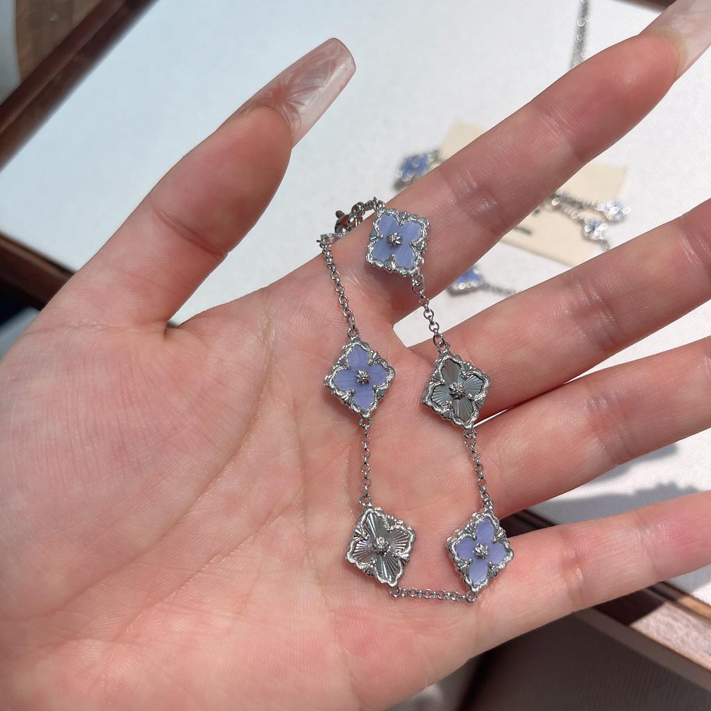 Butcher Brass Small Four-Leaf Clover Purple Chalcedony Pine Necklace Double-Sided Wear Old Money Light Luxury Premium Clavicle Chain