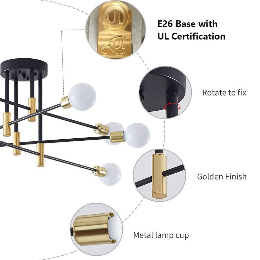 Candelabru cu 8 lumini Lampă de tavan modernă, de la mijlocul secolului, pandantiv industrial negru și auriu