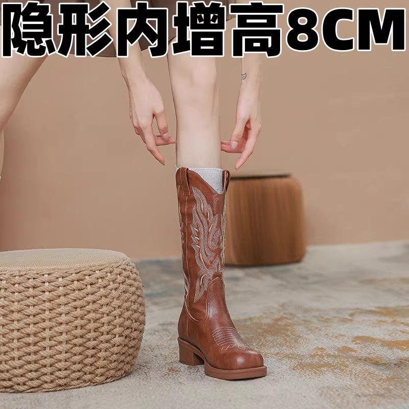 Винтажные ковбойские сапоги в западном стиле новые с внутренней платформой средней высоты сапоги Мартин ботинки Челси вышитые сапоги-трубы рыцарские сапоги 40 коричневый 6269₽